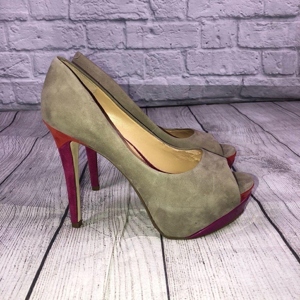 Gianni bini open toe suede heels beige orange & purple sz 6.5